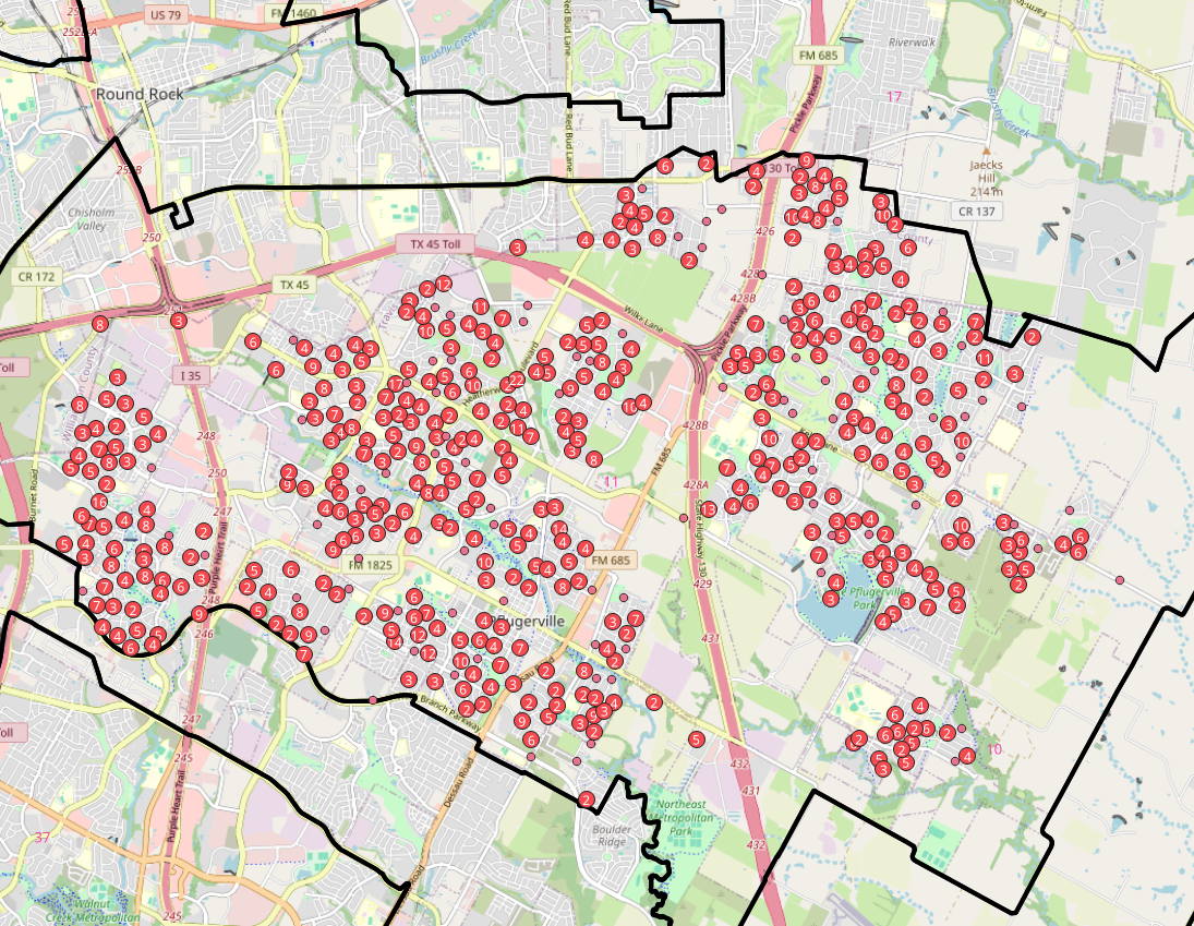 More clustered dots indicating voting in 2022 but not 2024
