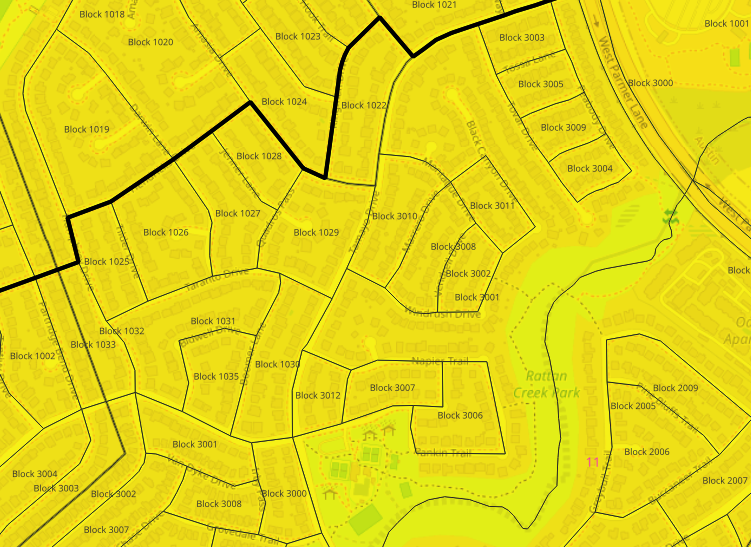 A map showing a black line following census blocks in rattan creek